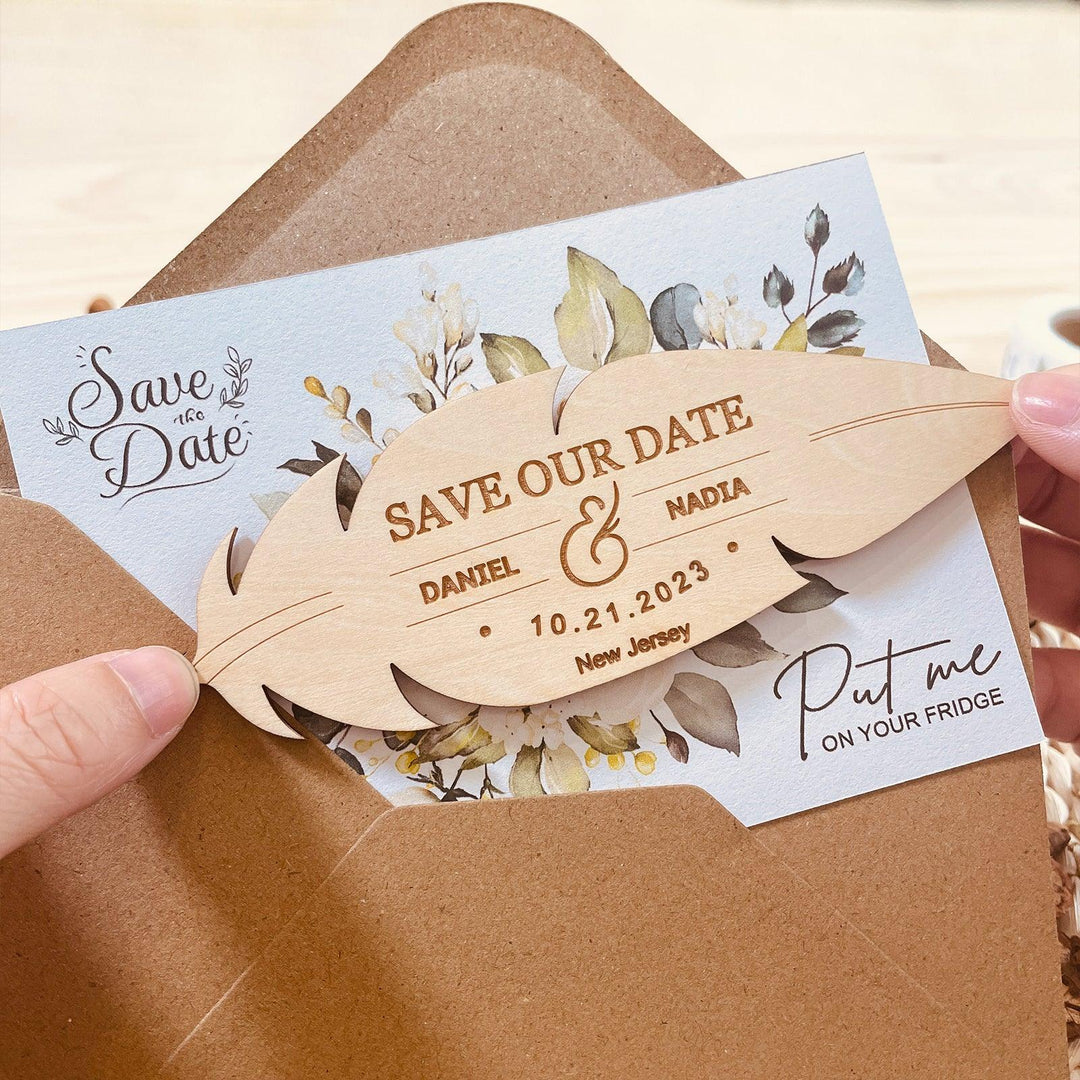 Wedding Invitation Set Rustic Wooden Save the Date Magnet 6x2'' with Kraft Envelope
