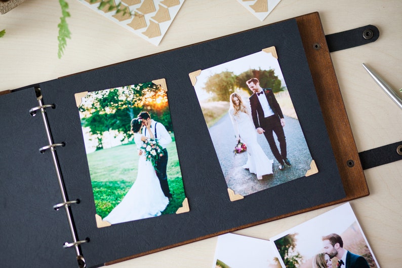 Wooden Photo Album with Carved Flowers and Engraved Names