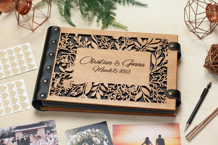 Wooden Photo Album with Carved Flowers and Engraved Names