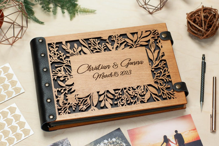 Wooden Photo Album with Carved Flowers and Engraved Names