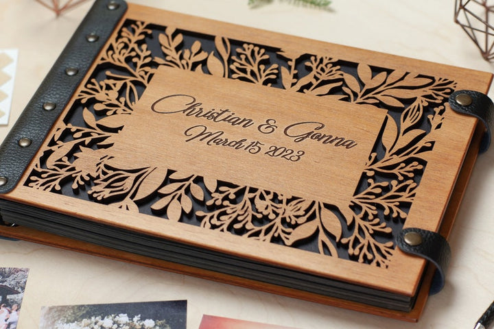 Wooden Photo Album with Carved Flowers and Engraved Names