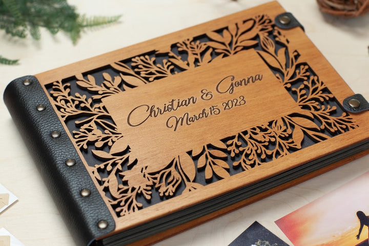 Wooden Photo Album with Carved Flowers and Engraved Names