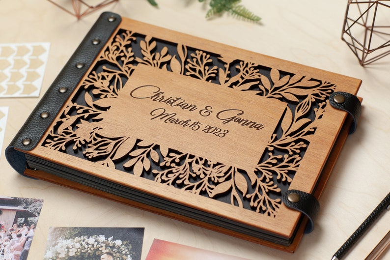 Wooden Photo Album with Carved Flowers and Engraved Names