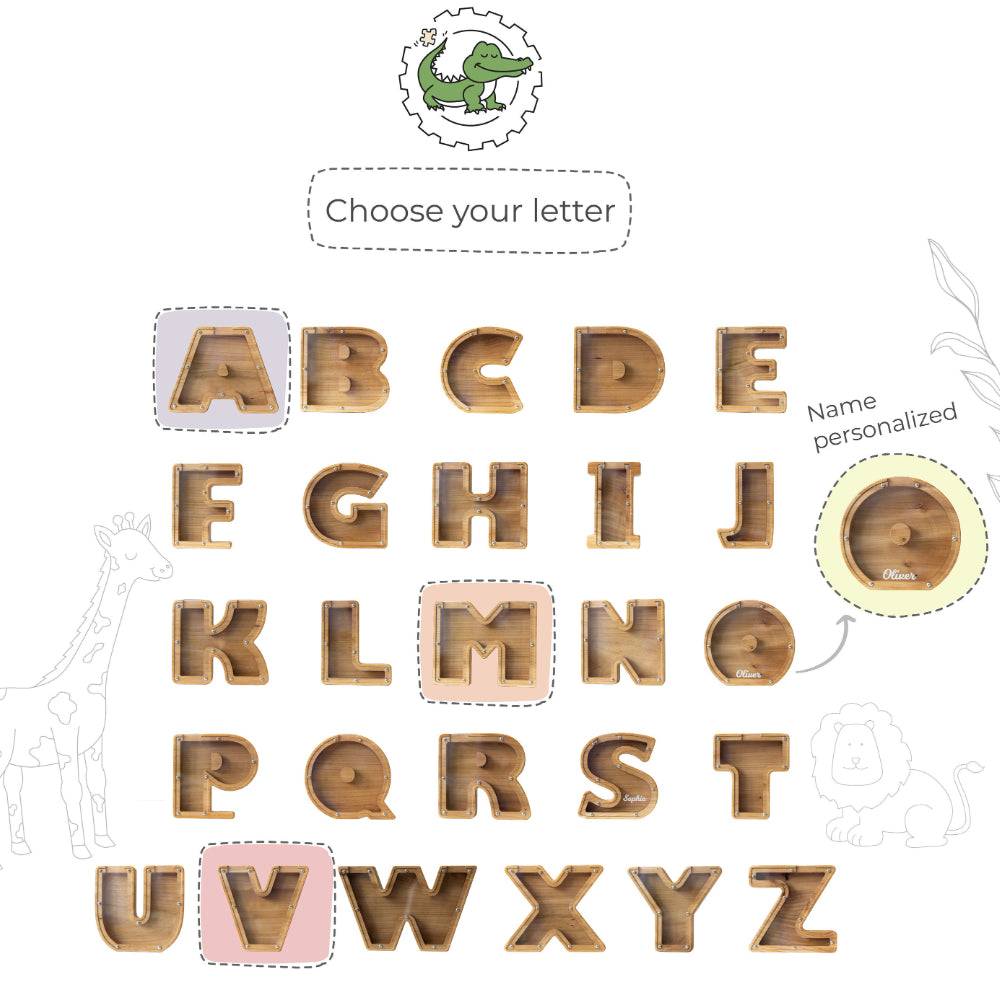 Personalized wooden letters displayed for a child's piggy bank selection, featuring alphabetical design for savings.
