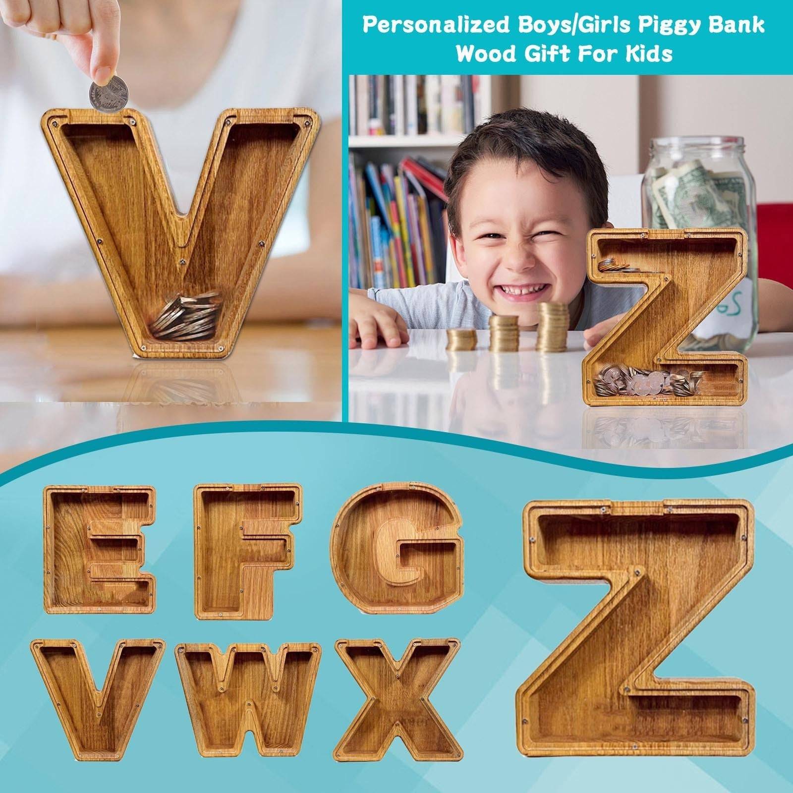 Personalized wooden letter piggy banks for kids, featuring savings and financial awareness designs.