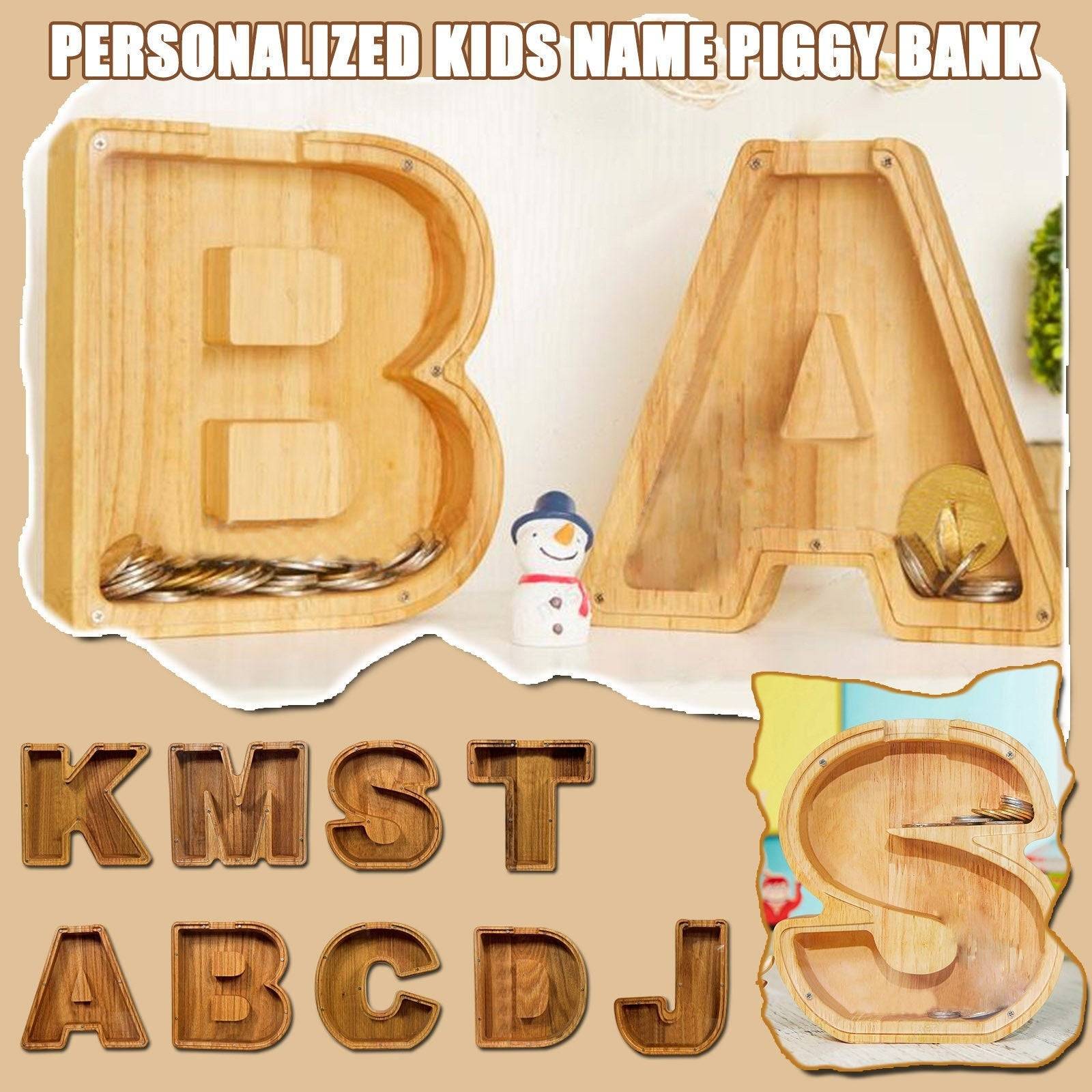 Personalized wooden letter piggy bank for kids, featuring letters B, A, and more, ideal baby gift for financial learning.