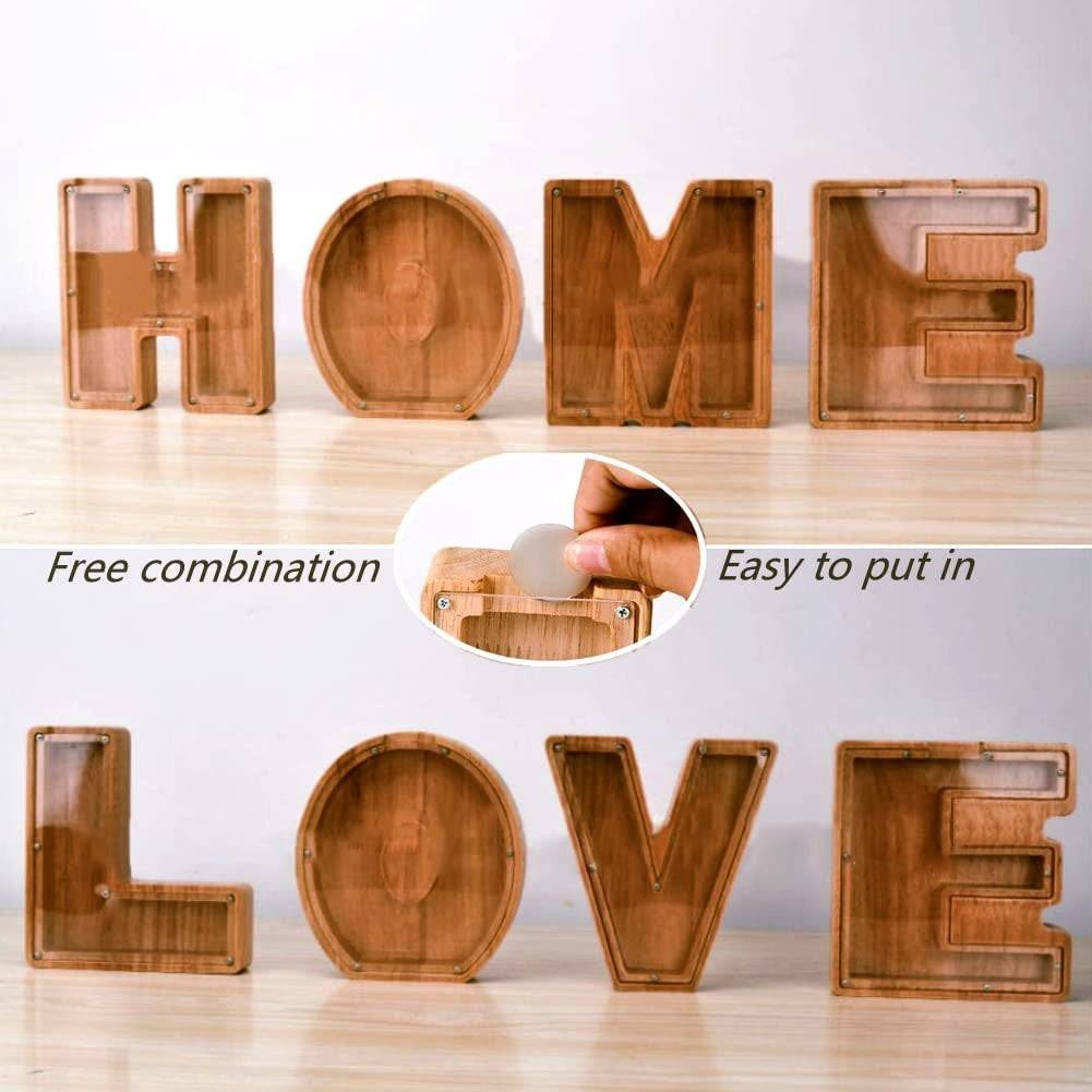 Personalized wooden letters spelling HOME and LOVE, designed as piggy banks for kids' savings.