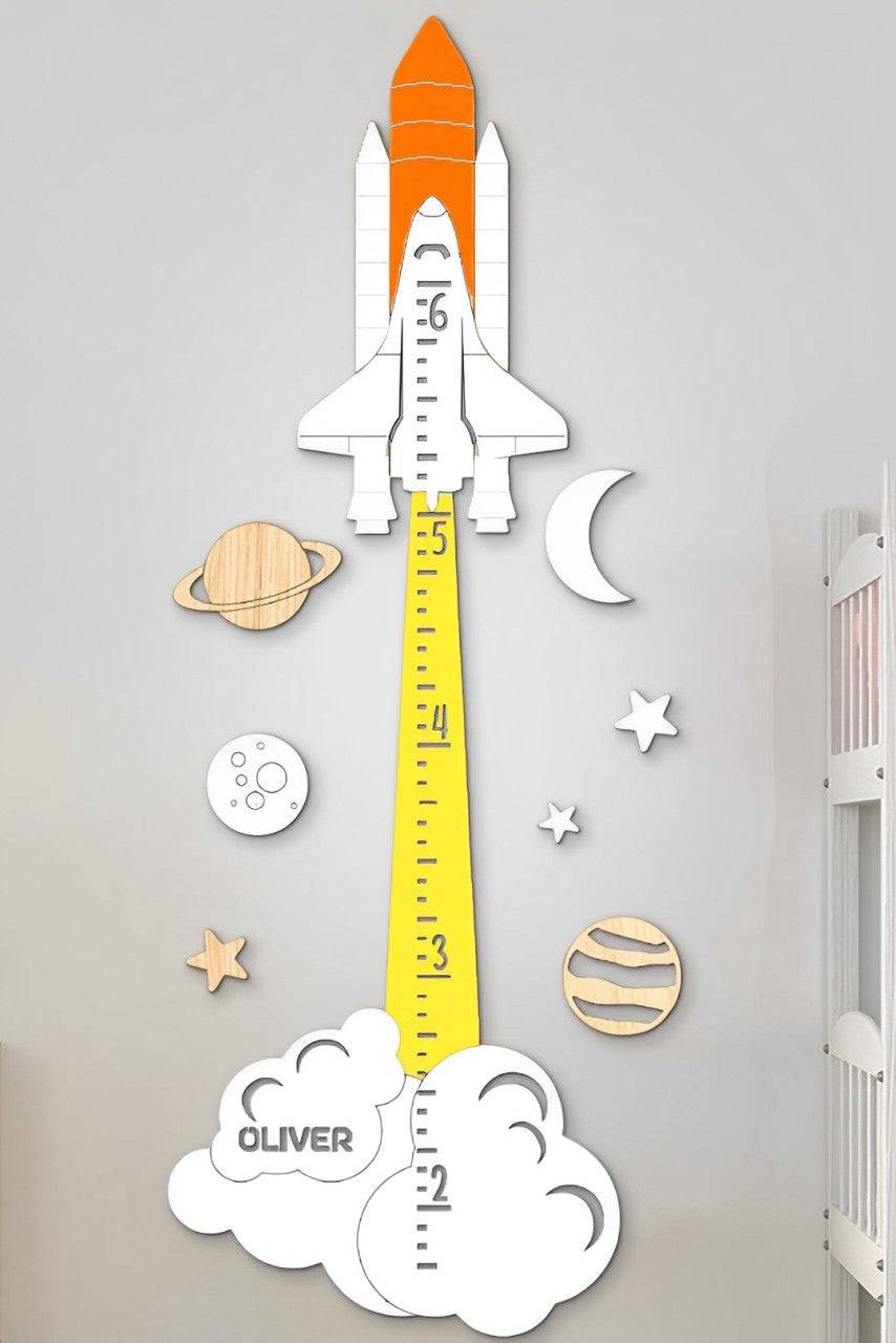 Personalized wooden rocket growth chart for kids with vibrant colors and custom name Oliver.