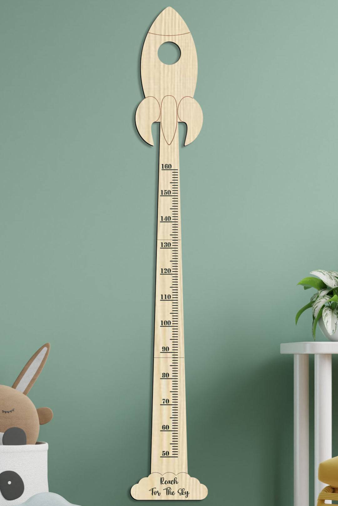 Personalized wooden rocket growth chart nursery decor measuring up to 6 feet, perfect for tracking children's height.