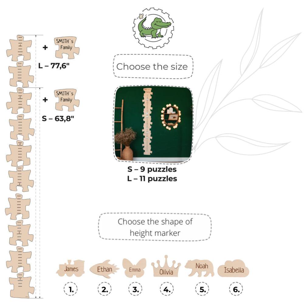Personalized wooden growth chart puzzles with height markers for kids, designed for unique nursery decor.