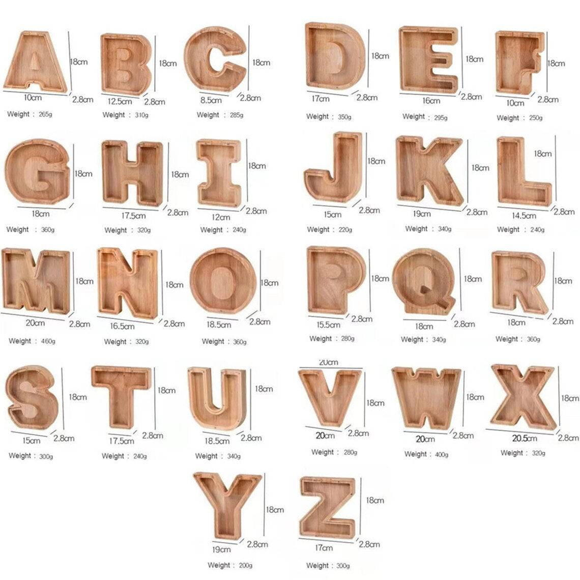 Personalized wooden letters for piggy banks, perfect for baby gifts, featuring various sizes and weights of each letter.