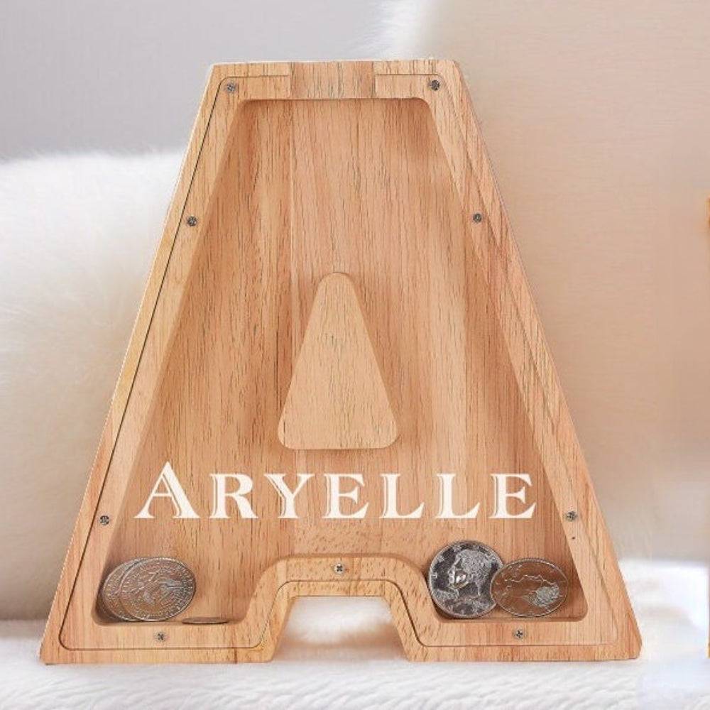 Personalized wooden letter piggy bank shaped like the letter A, designed for kids to save money.