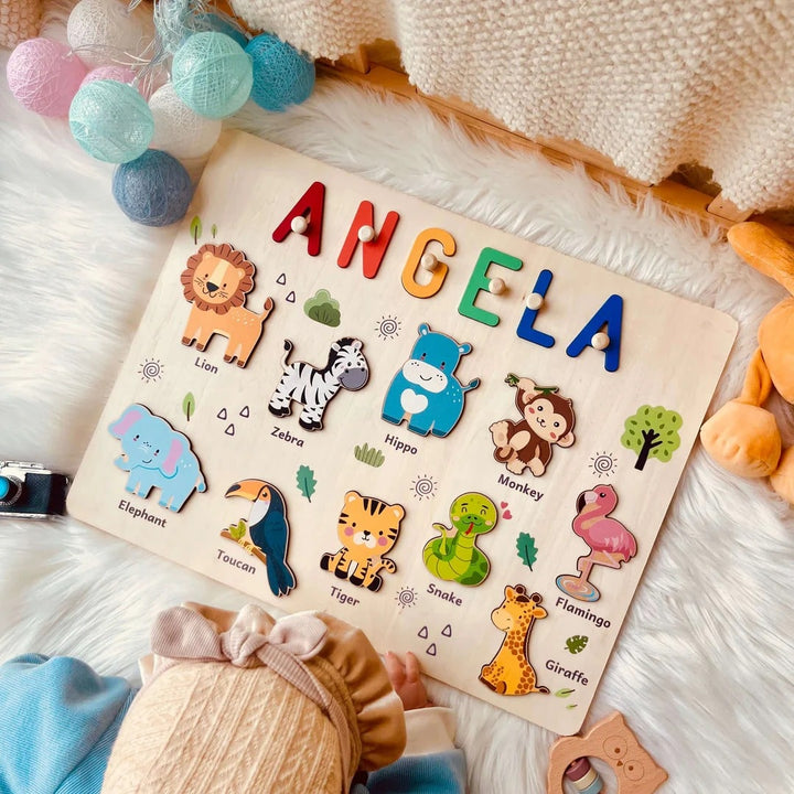 Personalisierte Holz-Namenspuzzle - Safari-Tierspielzeug für Kleinkinder