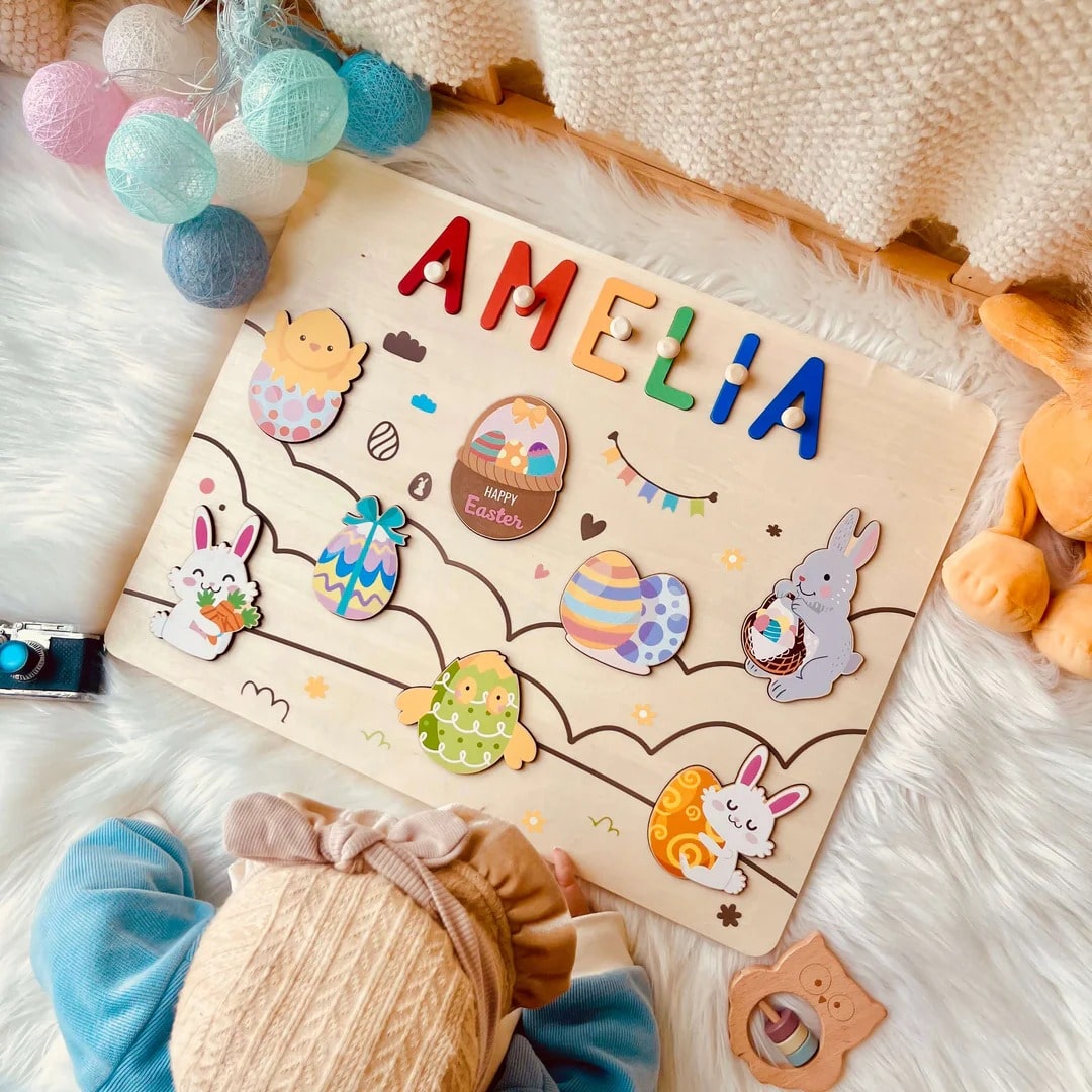 Personalized Wooden Name Puzzle - Easter Bunny & Egg Toy for Toddlers