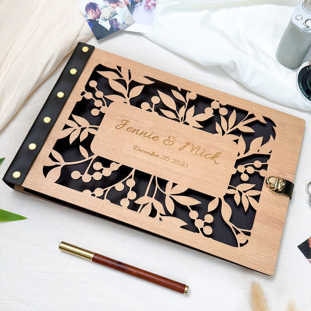 Wooden Photo Album with Carved Flowers and Engraved Names