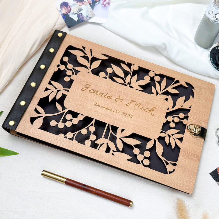 Wooden Photo Album with Carved Flowers and Engraved Names