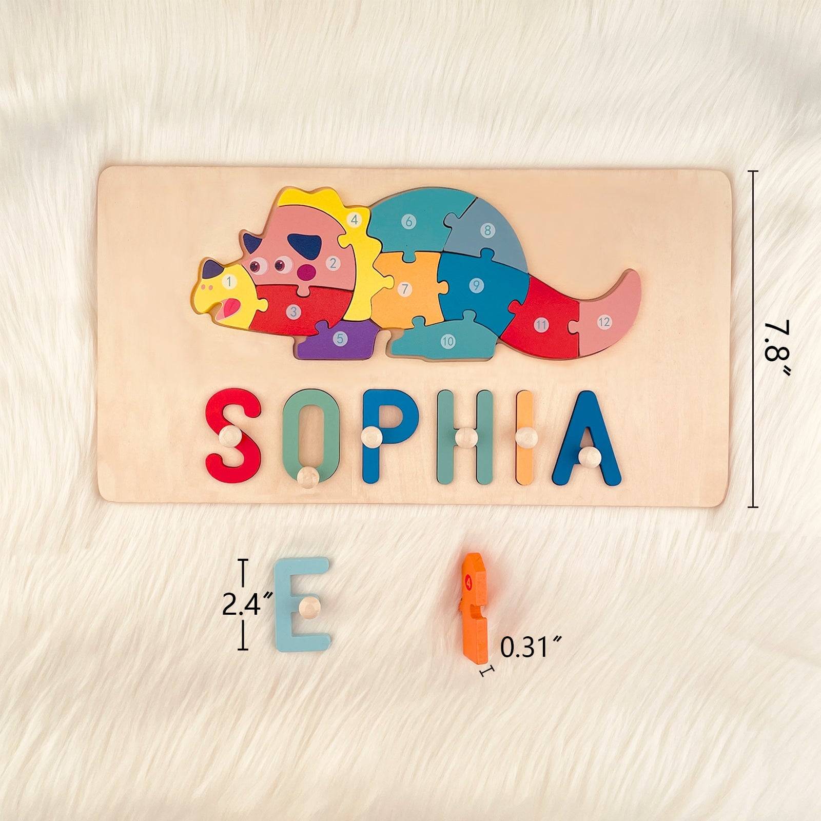 Personalized wooden animals name puzzle for toddlers featuring the name 'Sophia' and colorful animal design.