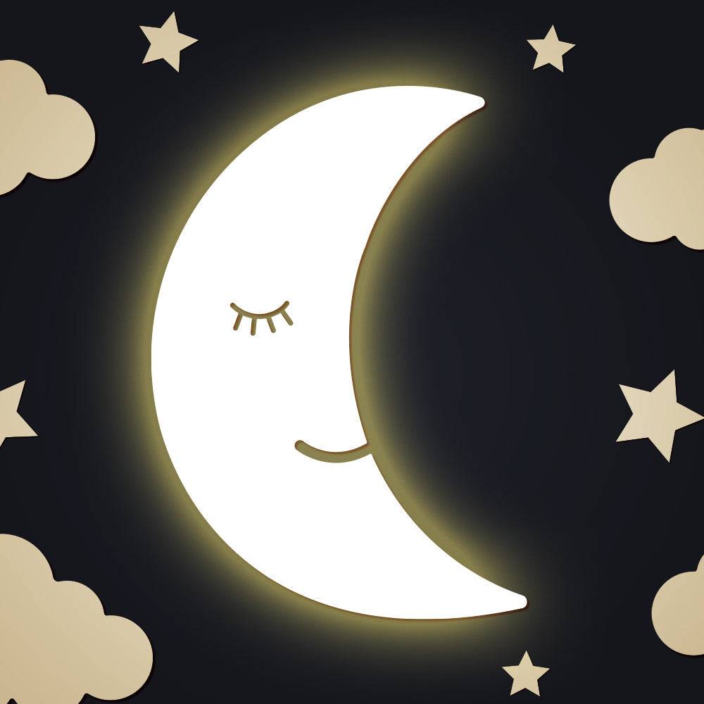Smiling moon wall light design with clouds and stars, perfect for children's nursery decor.