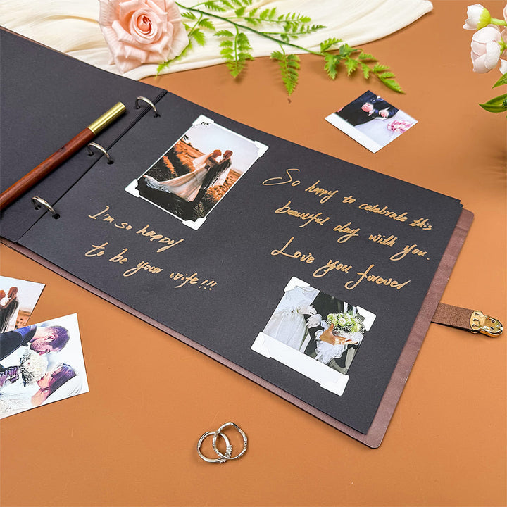 Wooden Photo Album with Carved Flowers and Engraved Names