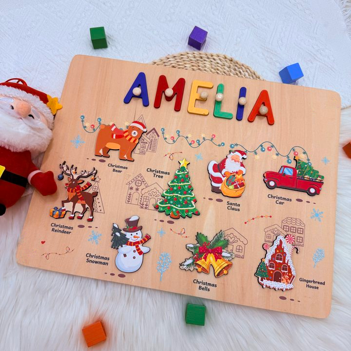 Personalized Wooden Name Puzzle -Merry Christmas for Toddlers