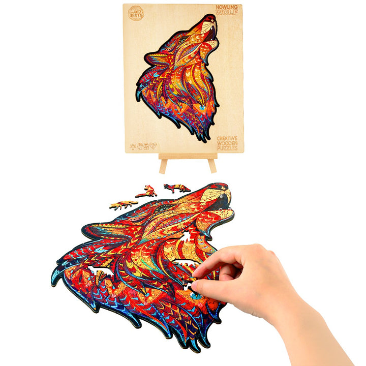 Red Howling Wolf Wooden Jigsaw Puzzle - Woodbests
