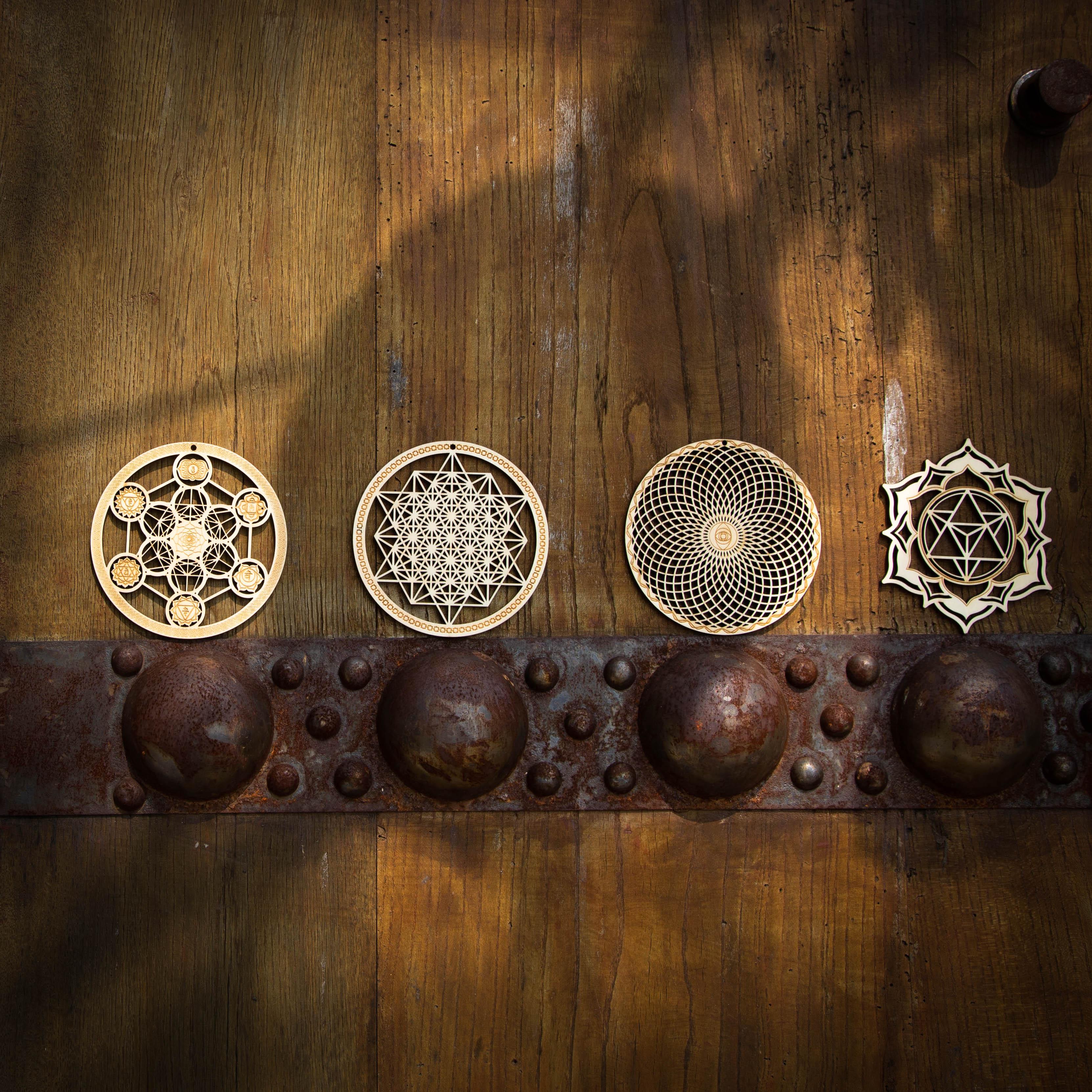 5.31" Sacred Geometry Wall Art Decor 4 PCS Set (Metatron Cube with Chakras,Torus,64 Tetrahedron,Star Tetrahedron)
