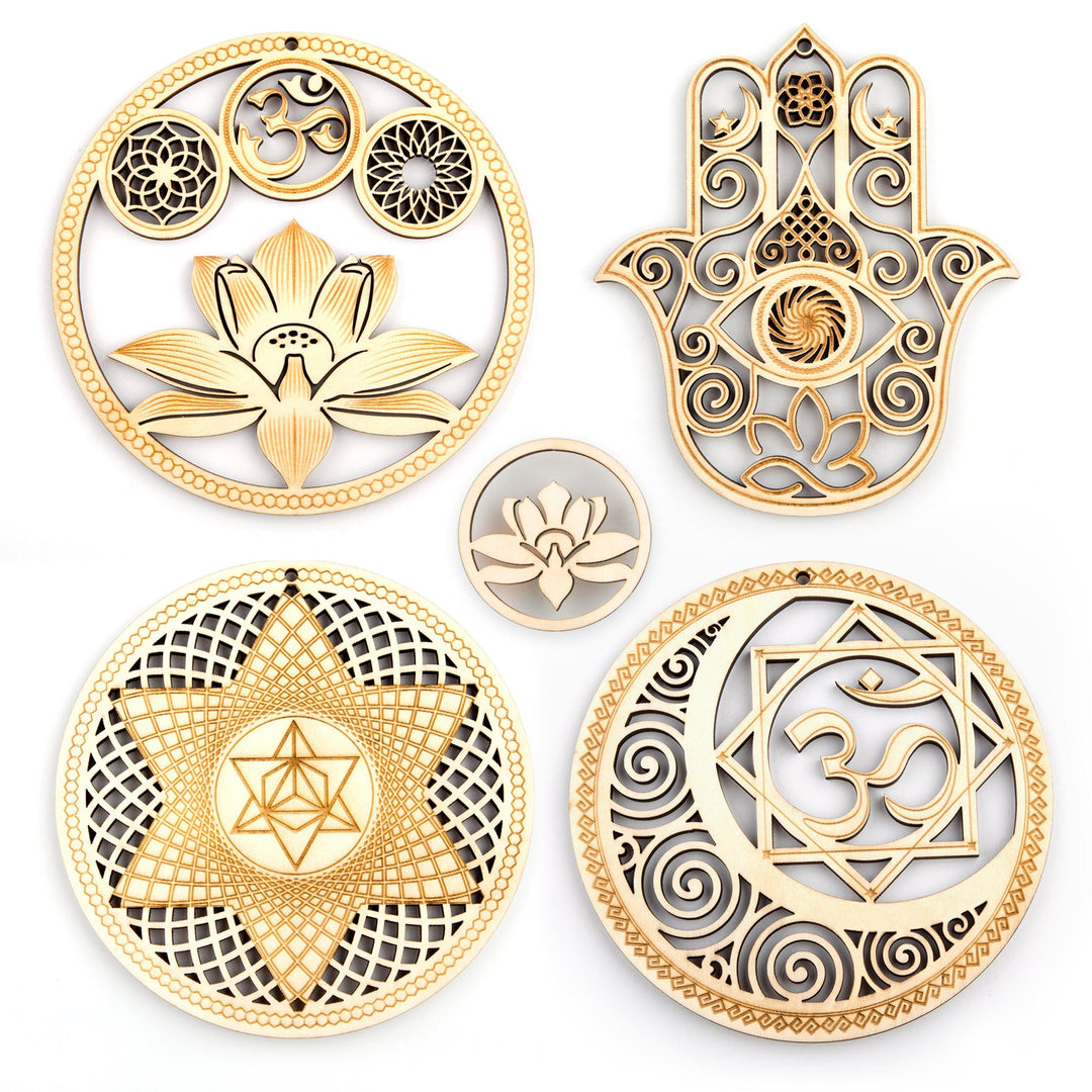 5.31 Sacred Geometry Wall Art Decor 4 PCS Set (Sacred Lotus, Hamsa Hand, Soul Star, Union Sun Moon)-Woodbests