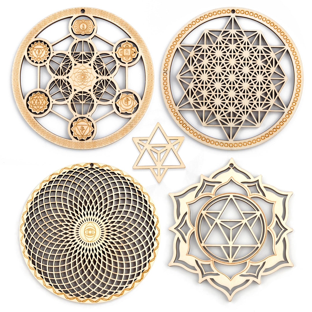 5.31 Sacred Geometry Wall Art Decor 4 PCS Set (Metatron Cube with Chakras,Torus,64 Tetrahedron,Star Tetrahedron)-Woodbests