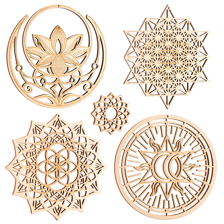 5.31" Sacred Geometry Wall Art Decor 4 PCS Set (Mandala, Buddha Lotus, 64 Star Tetrahedron, Sun Moon and Stars)
