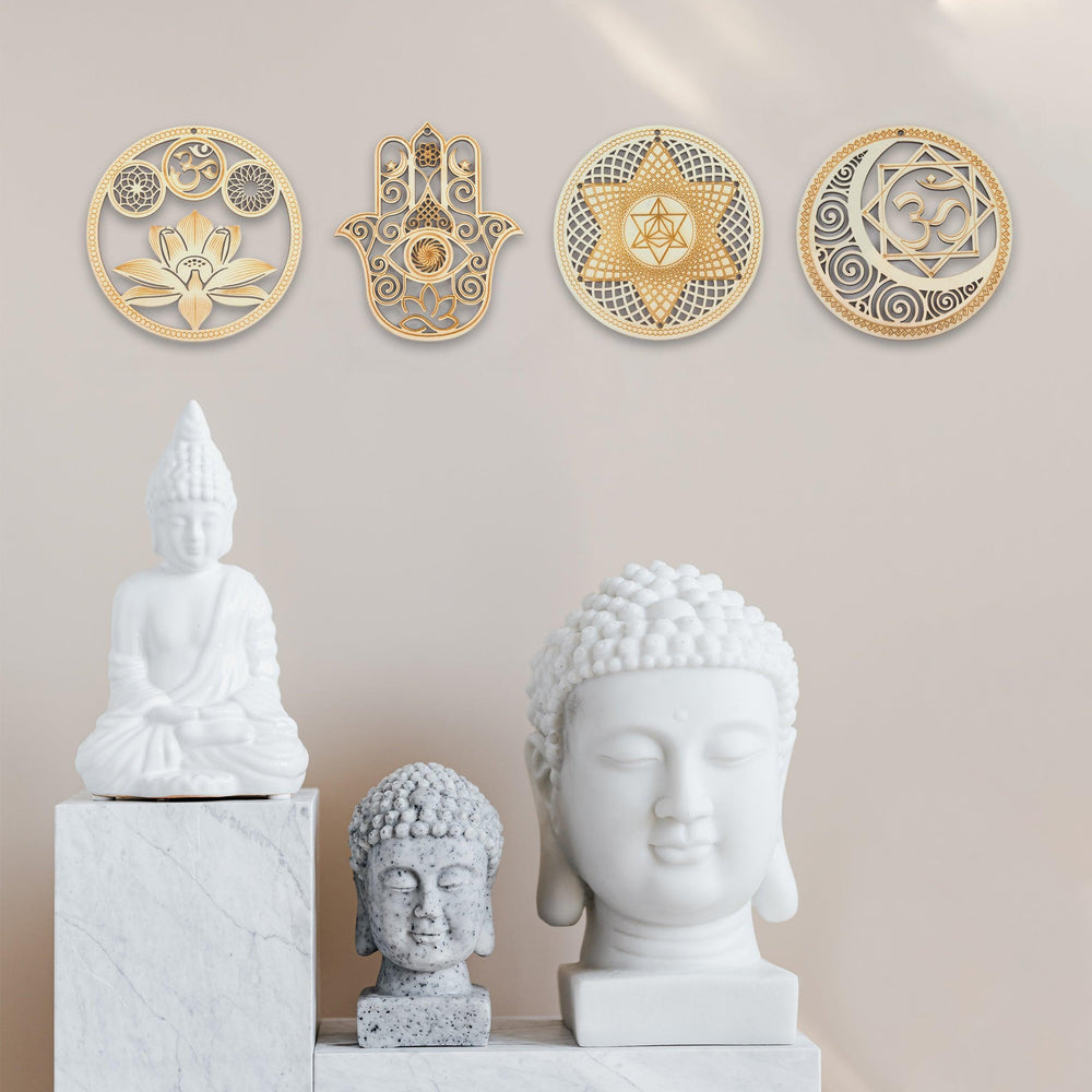 5.31" Sacred Geometry Wall Art Decor 4 PCS Set (Sacred Lotus, Hamsa Hand, Soul Star, Union Sun Moon)-Woodbests